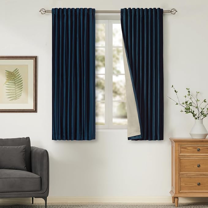 100% Blackout Navy Blue Velvet Curtains 63 inches for Living Room,2 Panels Back Tab Deep Blue Thermal Insulated Room Darkening Curtain with Liner Noice Reducing Soundproof Window Drapes for Bedroom