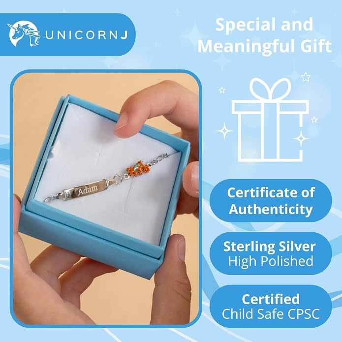 UNICORNJ 925 Italy Sterling Silver Child or Baby Name Bracelet Girls Boys, Personalized Engraved Kids ID Bracelets, 6.5" Figaro Chain, Enamel Charm Newborn Infant Toddler Kid Jewelry