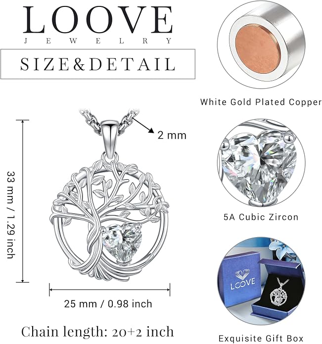 Birthstone Tree of Life Necklace for Women Heart Crystal Pendant Silver Plated Birthday Anniversary Jewelry for Wife, Mom, and Her