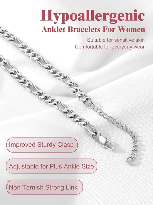 FOCALOOK 14K Gold Plated Anklets for Women Waterproof Plus Size Ankle Bracelet 8.5-10.5 Inch Adjustable Mariner/Figaro/Flat Snake/Cuban Link Chain Anklet Jewelry for Summer Beach Holiday