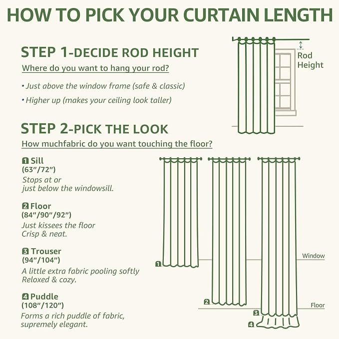 jinchan Green Floral Linen Curtains 96 Inch Flower Drapes Back Tab 2 Panels | Green on beige, light filtering, semi sheer, farmhouse, rustic, country, bedroom, living room, dining room, window treatment