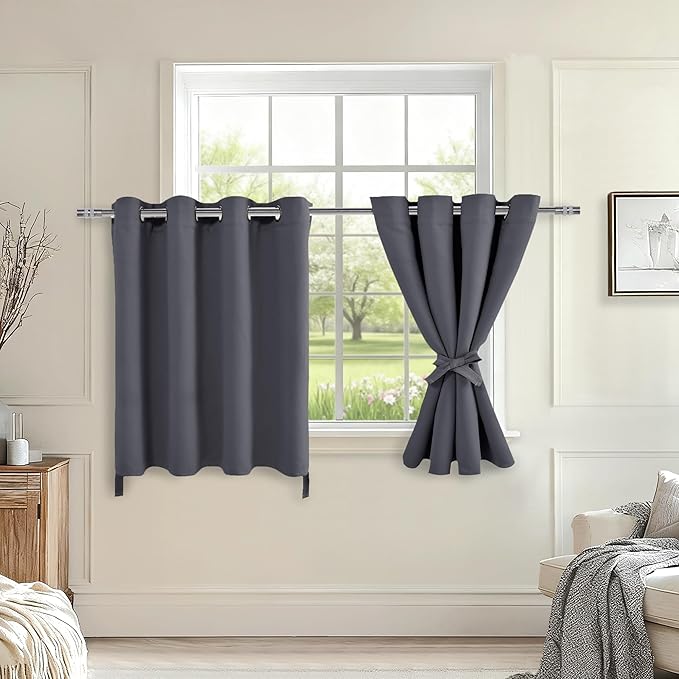 Hiasan Grommet Blackout Curtains for Bedroom, 52 x 30 Inches Long - Thermal Insulated & Light Blocking Window Curtains for Living Room, 2 Drape Panels Sewn with Tiebacks, Dark Grey