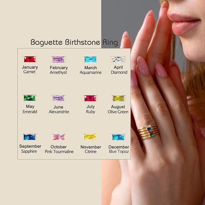 RLMOON Birthstone Rings for Women Non Tarnish Gold Stackable Rings Dainty 14K Gold/Silver Plated Baguette CZ Emerald Green Pinky Ring Personalized Jewelry Gift for Birthday Size 4-10