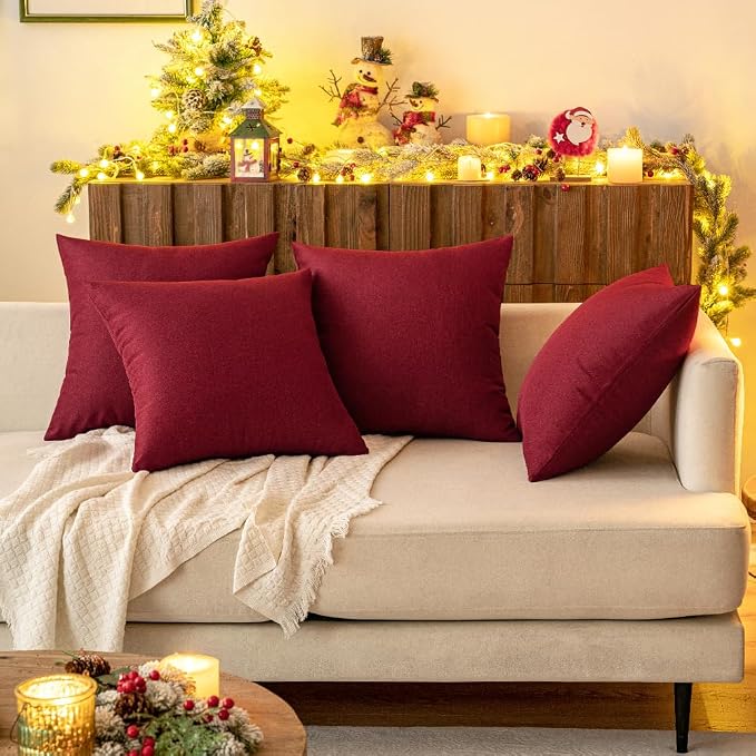 MIULEE Pack of 2 Decorative Outdoor Solid Waterproof Throw Pillow Covers Faux Linen Garden Farmhouse Cushion Cases for Patio Tent Balcony Couch Sofa 20x12 Inch Wine Red
