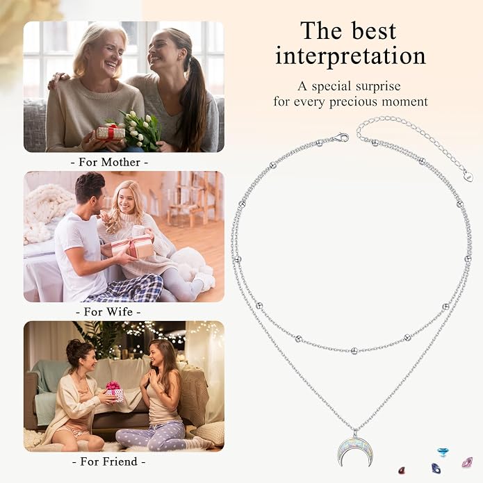 FLYOW Layered Choker Necklace S925 Sterling Silver Star Full Moon Daisy Flower Pendant Disc Jewelry Adjustable Clavicle Necklaces for Women Girls Birthday Gifts