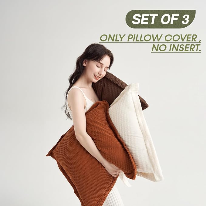 COCO TOP Set of 3 Super Soft Striped Corduroy Throw Pillow Covers 20x20inch, Decorative Boho Square Pillow Covers for Sofa Couch Aesthetic Decor Bedroom Living Room (Earthy Brown, Rust & Cream)