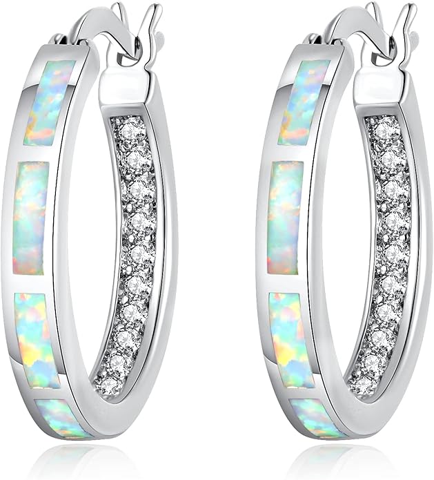 CiNily Sterling Silver/Rose Gold/Yellow Gold Plated Hoop Earrings 20mm,Multicolor Opal Small Hoop Earrings for Women Girls Hypoallergenic Jewelry for Sensitive Ears Gemstone Earrings