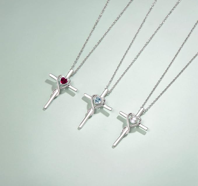 FANCIME Birthstone Cross Necklace for Women Birthstone Necklace Heart Infinity Cross Pendant Necklace Fine Jewelry Christmas Birthday Holiday Gifts for Her, 16"+2" Inches
