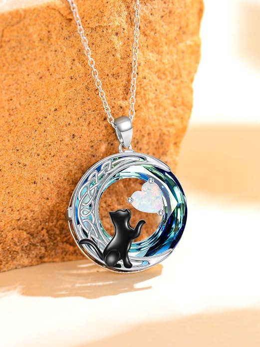 TOUPOP Cat Gifts for Cats Lovers 925 Sterling Silver Black Cat Necklace Celtic Moon Birthstone Jewelry for Women Anniversary Birthday Gift for Her Wife Mom