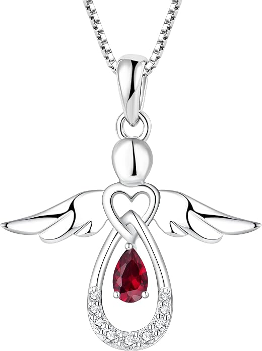 FJ Guardian Angel Necklace 925 Sterling Silver Birthstone Pendant Angel Jewelry Gifts for Women