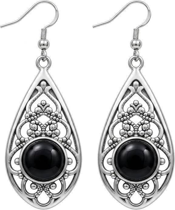 Gothic Vintage Dangle Earrings for Women 18K White Gold Plated Black Agate Teardrop Drop Earrings, Retro Jewelry for Wedding, Party, and Halloween Gifts