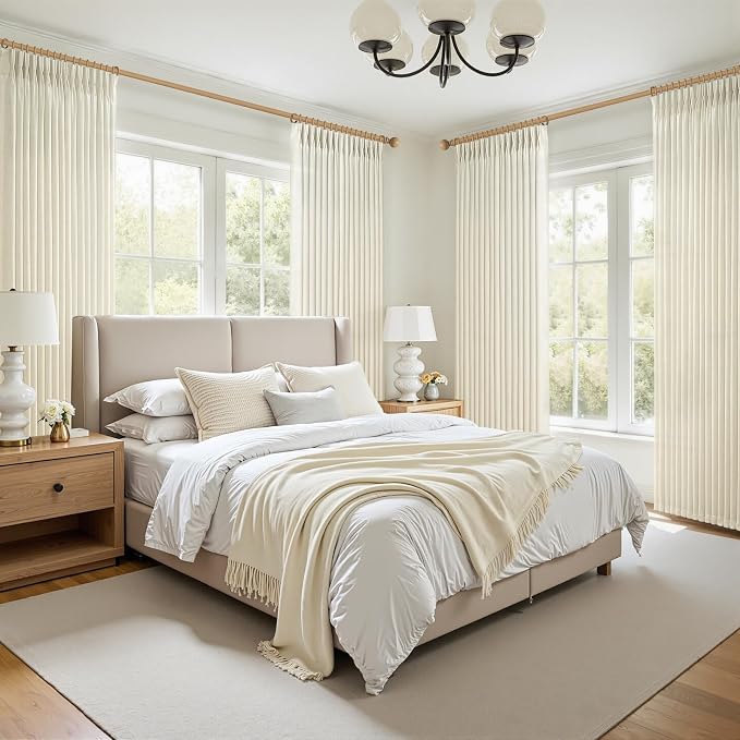 Cream Linen Semi Sheer Curtains 84 Inches Long for Sliding Glass Doors, Memory Shape Pinch Pleated Farmhouse Light Filtering 7FT Length Window Curtain Privacy Drapes with Back Tab (50"Wx84"Lx2 Panels)