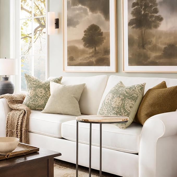 Vintage Floral Print Throw Pillow Covers 18x18 Set of 2 Neutral Modern Farmhouse Pillow Cases Accent Decorative Cushion Covers Boho Home Decor for Couch Sofa Chair Bed Living Room, Sage