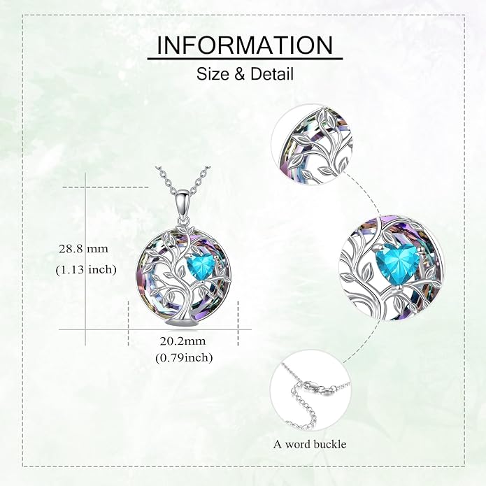 Tree Of Life Birthstone Necklace 925 Sterling Silver Crystal Family Tree Pendant Necklaces Heart Birthstone Jewelry For Women Female Anniversary Birthday Gifts