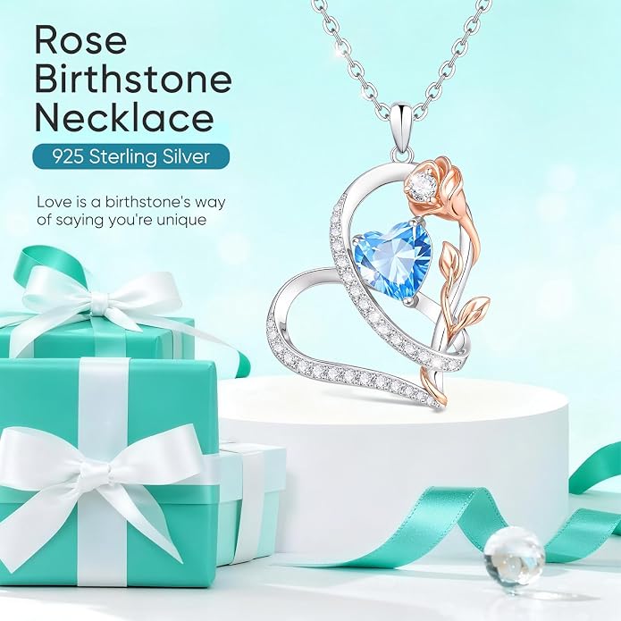 Rose Heart Birthstone Necklace for Women - Dainty 925 Sterling Silver Necklaces for Women Trendy CZ Pendant Necklace Jewelry Birthday Anniversary Christmas Gifts for Girlfriend Mom Lady Daughter