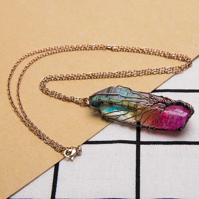 Bivei Life Tree Copper Wire Wrapped Crystal Necklace Chakra Pendant Natural Stone Quartz Reiki Jewelry Gift for Women