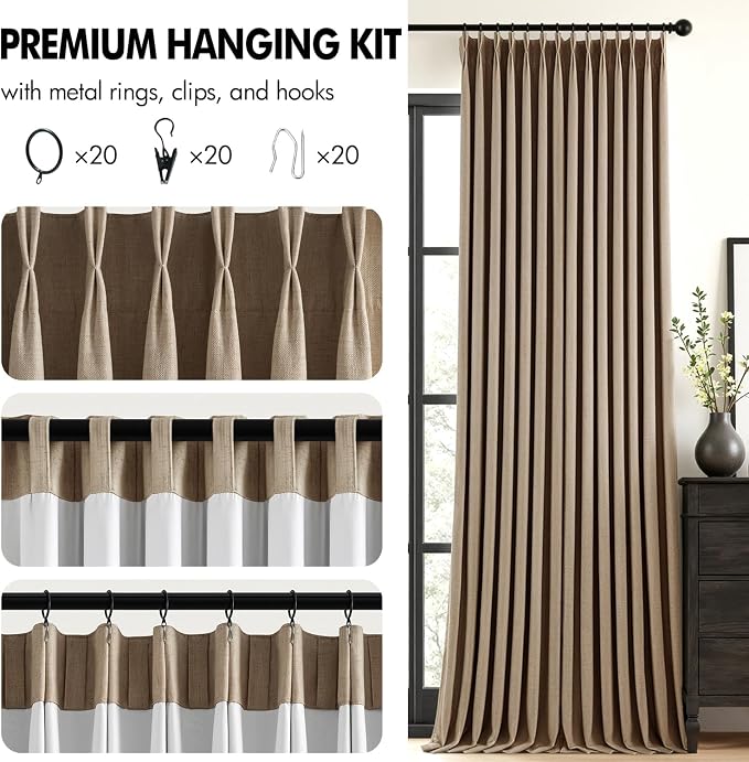 MIULEE Cafe Brown Pinch Pleated 100% Blackout Linen Curtains for Bedroom, Room Darkening Memory Trained Light Blocking Window Curtains 108 inches Long for Living Room, Black Out Pleat Drapes, 2 Panels