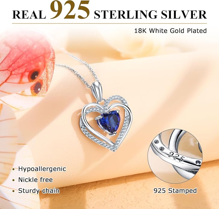 Anniversary Charm Necklace, Sterling Silver 14K Gold Plated Chain with Interlocking Heart Pendant Elegant Birthstone Necklaces for Women, Length 18"