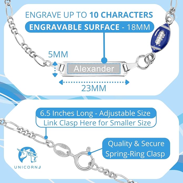 UNICORNJ 925 Italy Sterling Silver Child or Baby Name Bracelet Girls Boys, Personalized Engraved Kids ID Bracelets, 6.5" Figaro Chain, Enamel Charm Newborn Infant Toddler Kid Jewelry