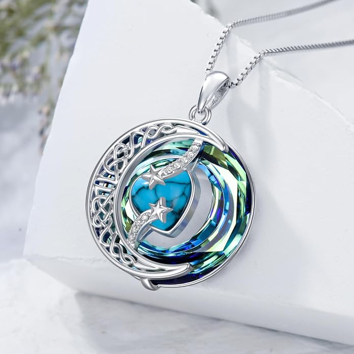 TOUPOP Birthstone Necklace 925 Sterling Silver Moon and Star Pendant Celtic Moon Jewelry with Blue Crystal Anniversary Birthday Gifts for Women Mom Wife Her