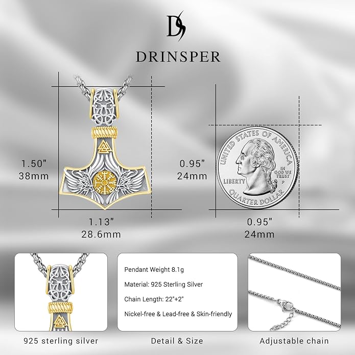 Viking Mjolnir Thors Hammer Necklace Norse Thor Talisman Amulet Pendant 925 Sterling Silver 18k Gold Plated Viking Jewelry Gifts for Men Women