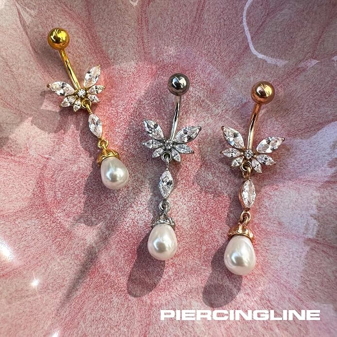 PIERCINGLINE surgical steel dangle belly button piercing with butterfly + synthetic pearl - belly button ring surgical steel, gold, silver, rosegold piercing - new version with improved durability