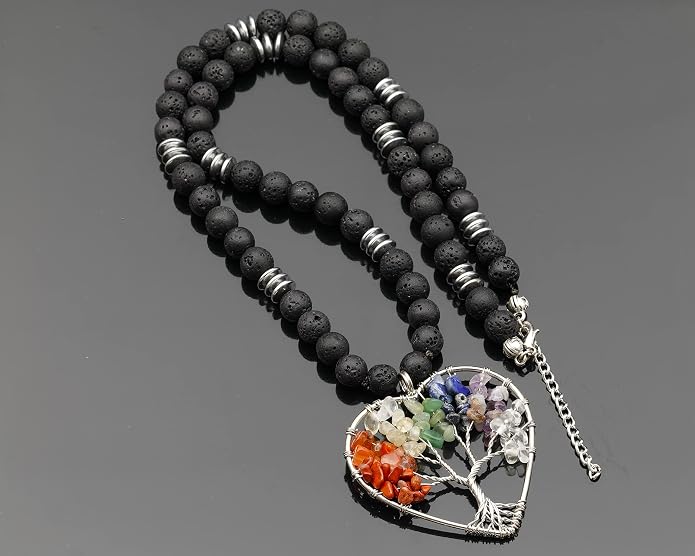 ElisaJewelryArt - Natural Labradorite Big Tree Of Life Black Lava Stone Beaded Necklace Genuine Gemstone Energy Stone Clasp Closure Necklace Unisex Necklace