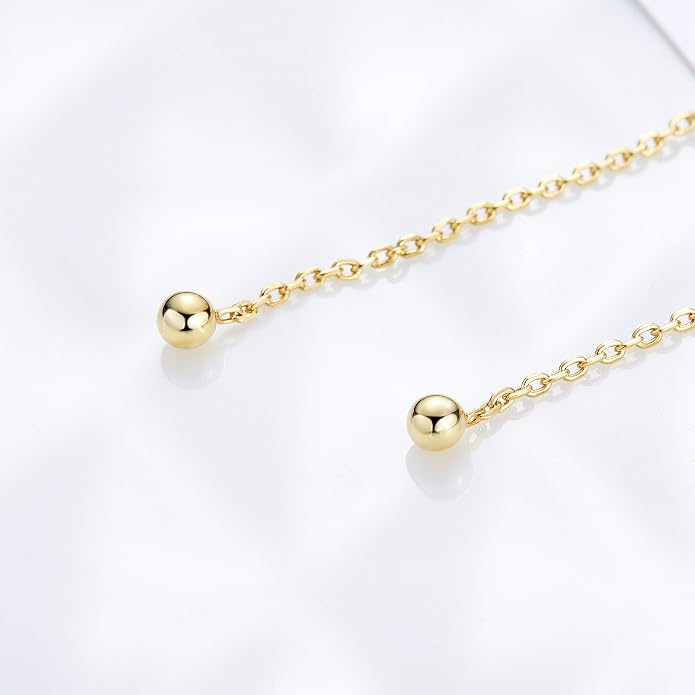 S.Leaf Threader Earrings for Women 925 Sterling Silver Gold Plated Hypoallergenic Backless Ardant Chain Duster Tassel Drop Double Piercing Pull Through Earrings for Women Trendy