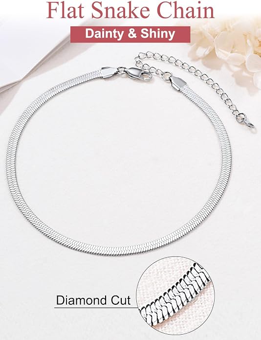FOCALOOK 14K Gold Plated Necklaces for Women, Fashion Herringbone Choker Necklace Stainless Steel Flat Snake Chain 3/5MM(W) 12.5"/15"/18"+3.5"(L)