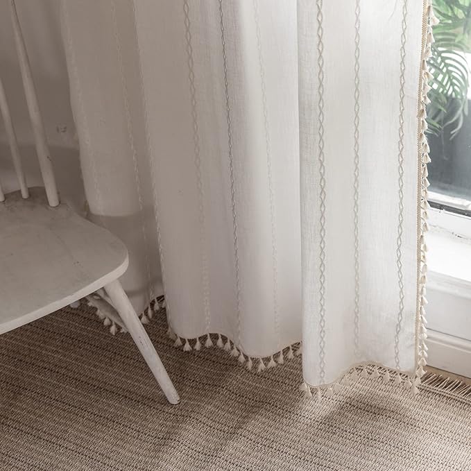 Boho Embroidery Linen Curtains 108 Inches Long for Living Room, 2 Panels Set, Cream Off White Light Filtering Farmhouse Draperies for Bedroom, Rod Pocket, 52" W x 108" L