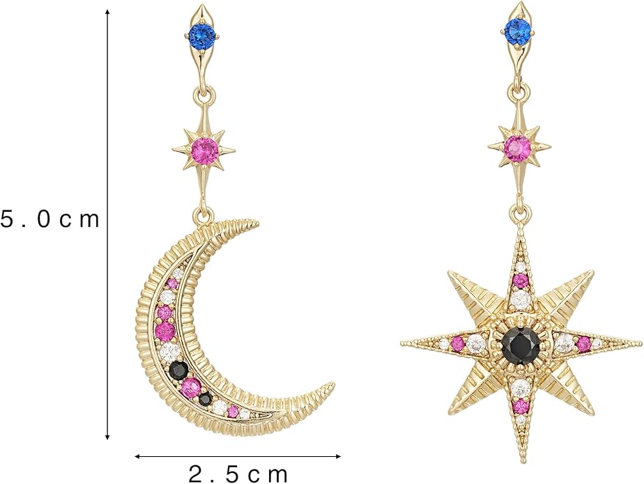 Sylph Gold Moon and Starburst Earrings for Women, Asymmetrical Stud Dangle Drop Earring, Boho Bohemian Jewelry for Everyday Wear