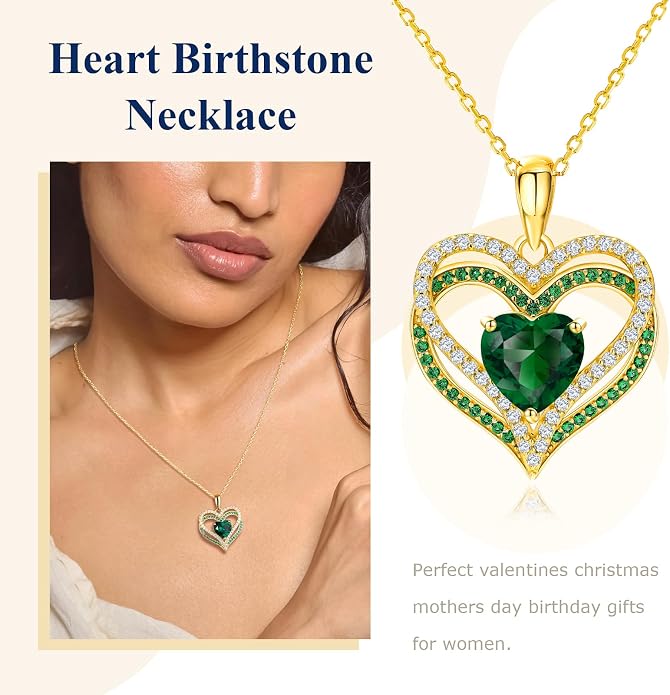 Anniversary Charm Necklace, Sterling Silver 14K Gold Plated Chain with Interlocking Heart Pendant Elegant Birthstone Necklaces for Women, Length 18"
