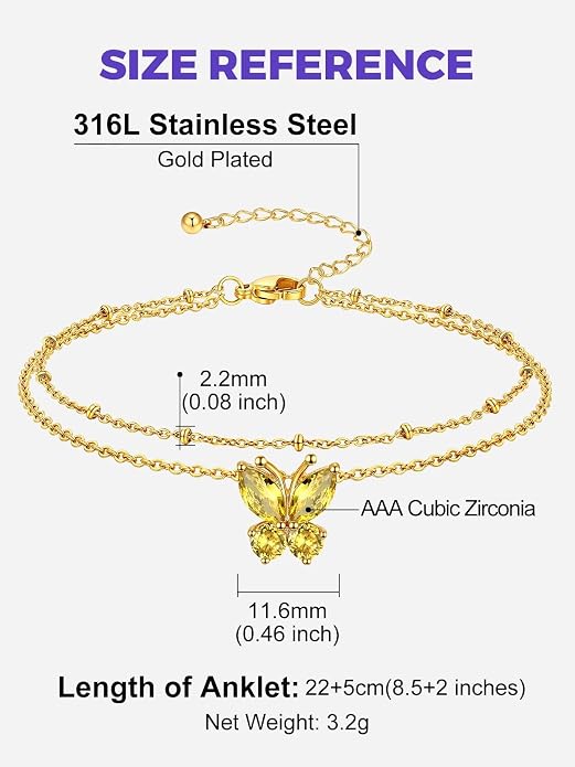 Richsteel Double Layer Heart/Butterfly Birthstone Anklet for Women Non Tarnish Waterproof, Silver/Gold/Black Stainless Steel 8.5-10.5 Inch Adjustable Chain Anklets Jewelry Gifts for Her