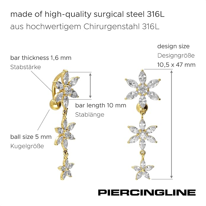 PIERCINGLINE Belly Button Piercing 3 CRYSTAL FLOWERS surgical steel, skin-safe