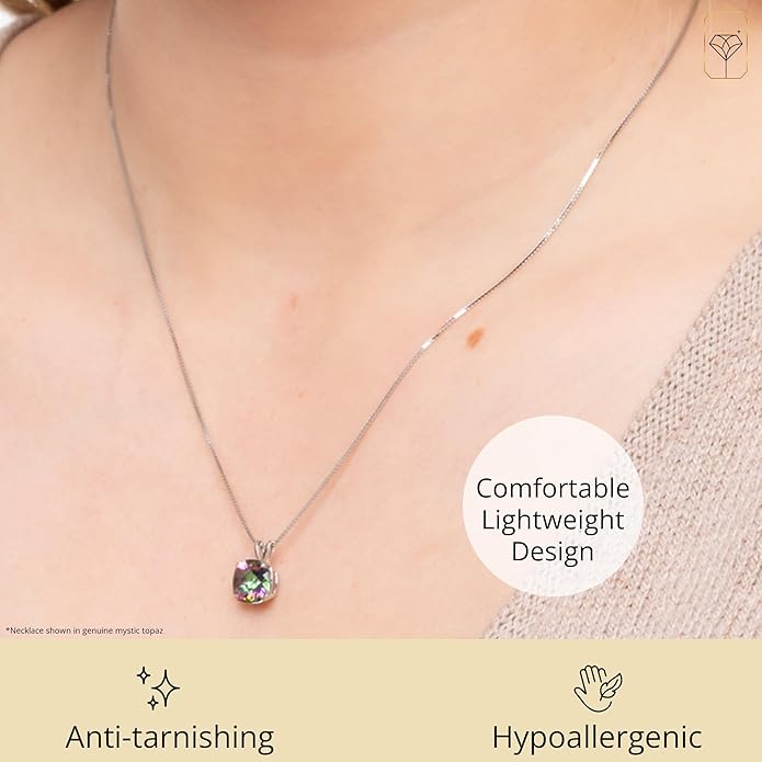 MAX + STONE 925 Sterling Silver Cushion Cut Birthstone Necklace for Women | 6mm Hypoallergenic Solitaire Necklace | Gemstone Pendant Necklaces with 18 inch Box Chain