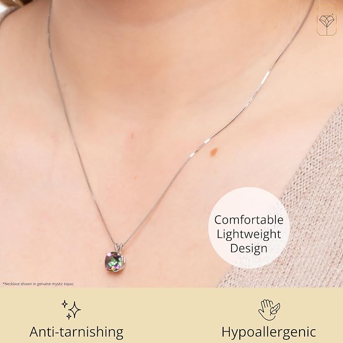 MAX + STONE 925 Sterling Silver Cushion Cut Birthstone Necklace for Women | 6mm Hypoallergenic Solitaire Necklace | Gemstone Pendant Necklaces with 18 inch Box Chain