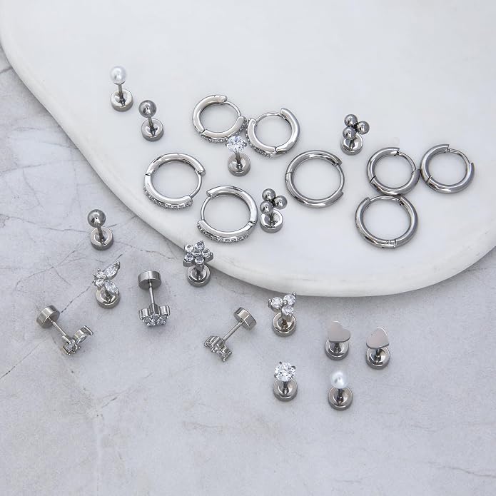 Stainless Steel Stud Earrings Set for Women Hypoallergenic Flat Back Cartilage Earrings Screw Back Huggie Hoop Earrings Multiple Piercing Cubic Zirconia Helix Tragus Jewelry