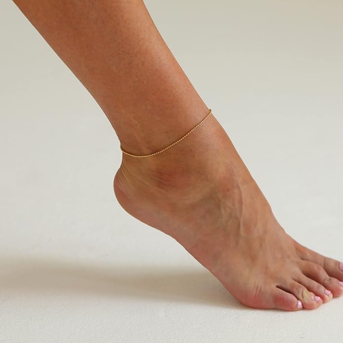 Dainty Ankle Bracelets for Women 18K Gold Plated Satellite Beaded Herringbone Lip Chain Anklets Simple Minimalist Summer Beach Foot Jewelry Christmas Gifts