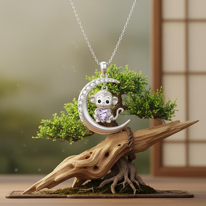 PROESS Animal Birthstone Necklace 925 Sterling Silver Otter/Axolotl/Hippo/Elephant/Dachshund/Monkey/Red Panda Pendant Necklace Animal Birthstone Jewelry Gifts for Women