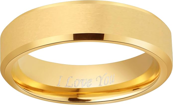 Crownal 4mm 6mm 8mm Black/Silver/Gunmetal/Gold Tungsten Wedding Couple Bands Rings Men Women Matte Brushed Finish Center Engraved "I Love You" Size 4 To 17