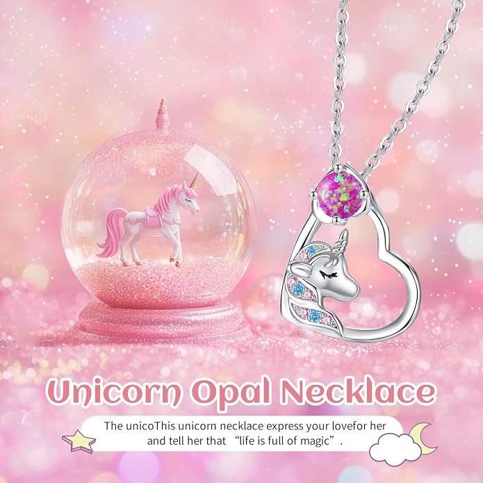 CDE Christmas Gift for women Cute Unicorn Birthstone Necklace for Girls Daughter 925 Sterling Silver Opal Heart Pendant Graduation Birthday Christmas Jewelry Gift for Teenage Girls Niece