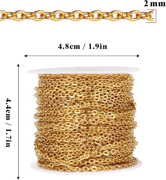 33 Feet 18K Gold PVD Plated Stainless Steel Cable Chain Bulk, 2mm 304 Stainless Steel Flat Cable Link Chains Roll Spool for Jewelry Making Necklace DIY Craft