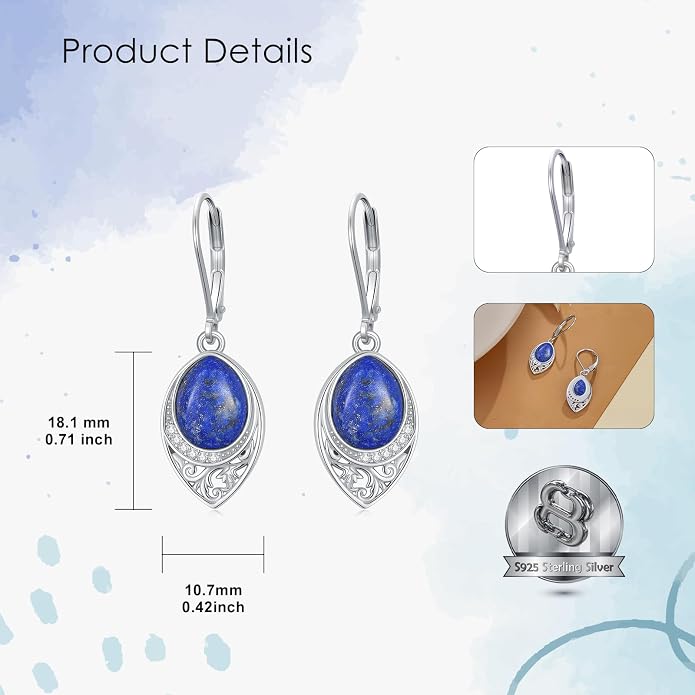 PROESS Filigree Teardrop Earrings S925 Sterling Silver Turquoise/Black Onyx/Peridot/Lapis Lazuli/Abalone Dangle Earrings Teardrop Jewelry for Women Mothers Day Birthday Christmas Gifts