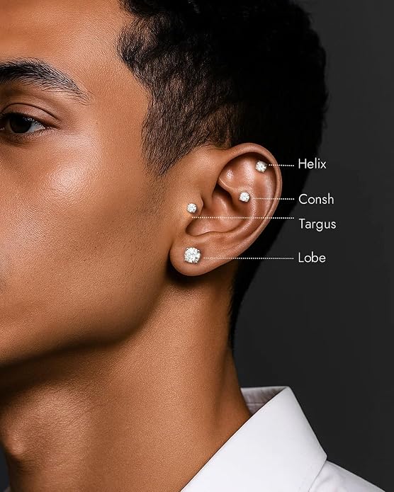 Moissanite Ear Stacking Set, 18K White Gold Plated 925 Silver Flat Back Studs with 0.3ct & 0.1ct Pairs (0.8ctw), Poke-Free Hypoallergenic Jewelry Gift