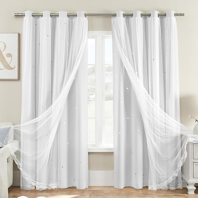 XiDi White Curtains for Girls Bedroom 80% Blackout Double Layer Curtains with Sheer Overlay for Nursery Kids Room Star White Drapes with Tiebacks Grommet Window Treatment 2 Panels W34 X L72