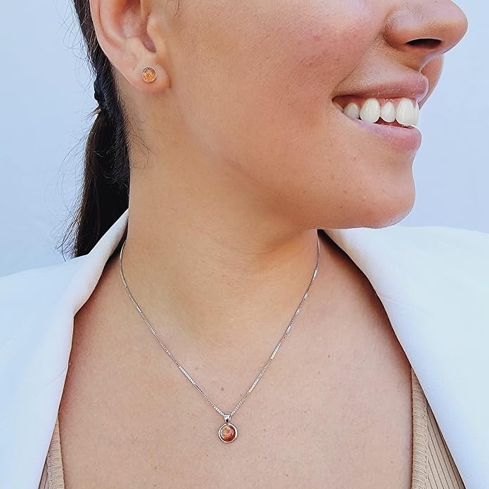 Natural gemstone 8mm round pendant with white gold over 925 sterling silver bezel cabochon plate and box chain, real genuine dainty birthstone gift for her, uniquelan jewelry