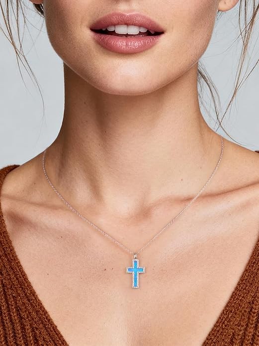 NORBU S925 Opal Cross Necklace for Women, Sterling Silver Opal Gemstone Womens Cross Necklaces, Cross Pendant with 5A Cubic Zirconia, Women's October Birthstone Jewelry Gifts for Birthday, Anniversary, Christmas