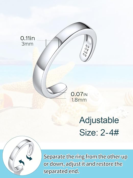 ChicSilver Toe Rings for Women 925 Sterling Silver Toe Ring Hypoallergenic Adjustable Open Rings for Women Summer Jewelry