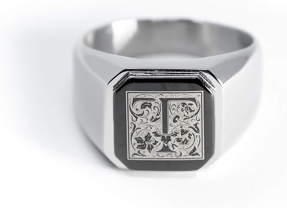 Jewelry | Stainless Steel Letter Alphabet Initial Ring | Square Flat Top Ring for Men & Women | Stainless Steel Jewelry, (Black, Gold, Silver), Size 7-16