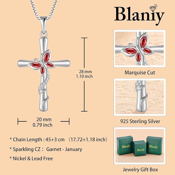 Cross Necklace for Women 925 Sterling Silver Butterfly Necklace Birthstone Pendant Created Gemstone Jewelry Gifts for Women